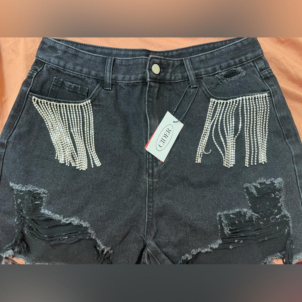 Black rhinestone fringe denim shorts